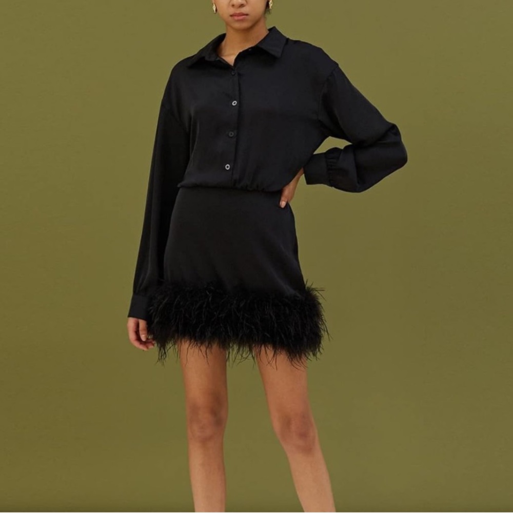 Black Feather Trimming Turn Down Collar Long Sleeve Satin Dress